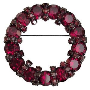 Joseph Warner Red Rhinestone Open Round Japanned Brooch Pin, Signed M173